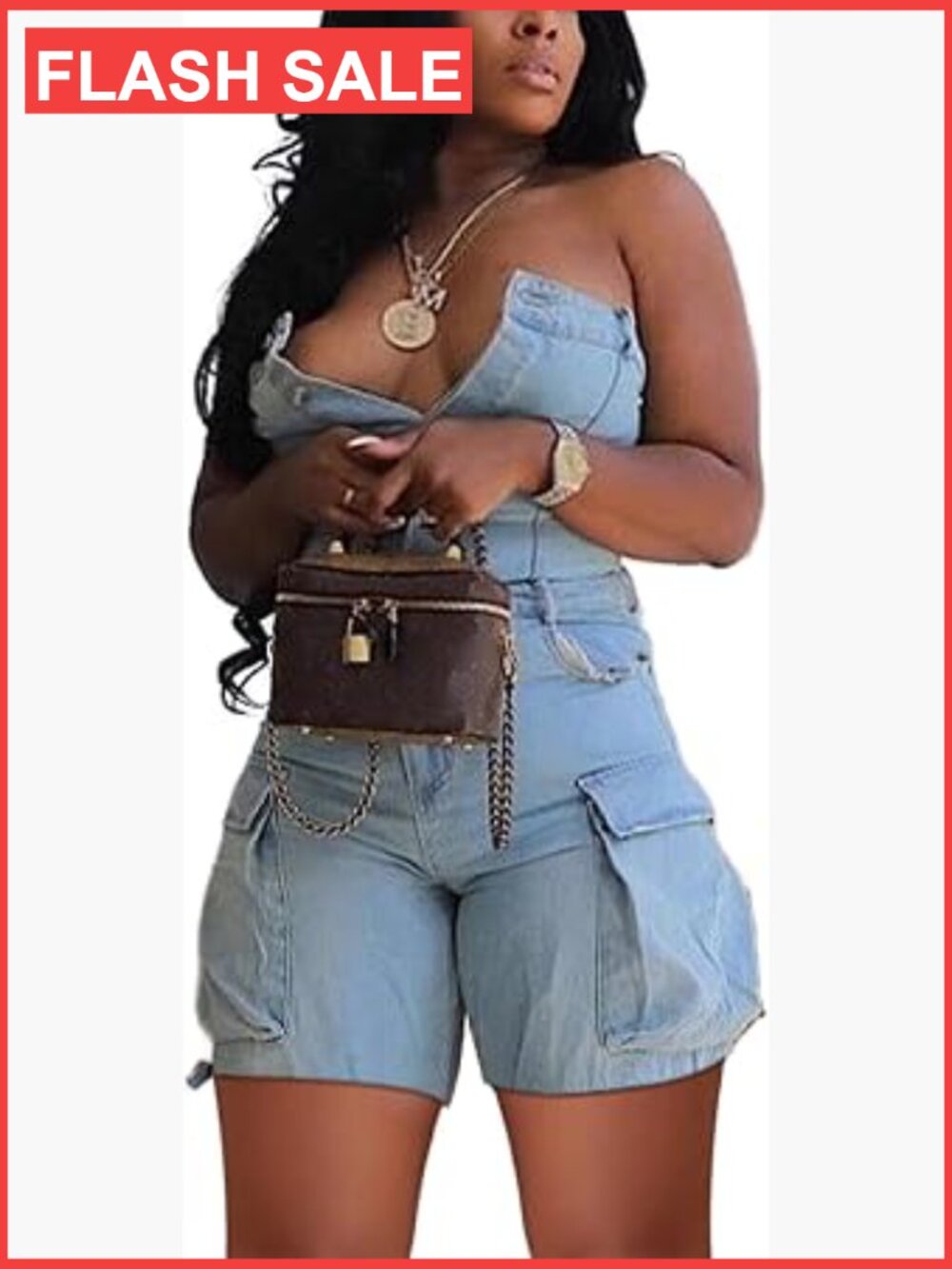 Strapless Denim Romper Sleeveless Cargo Jumpsuit Stretchy Button Down One Piece